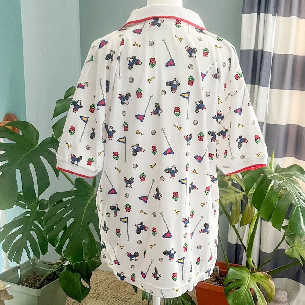 Vintage 90s Classic Elements golf print white and multi-coloured polo shirt L - Picture 4 of 8
